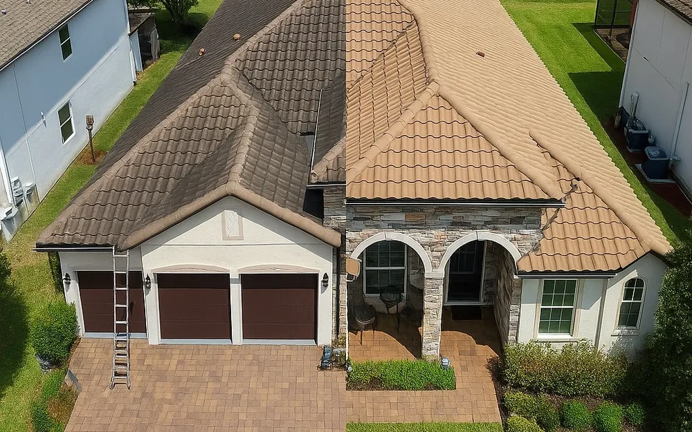 Tile roof in Oviedo, FL shown half dirty and half cleaned, before and after roof soft washing